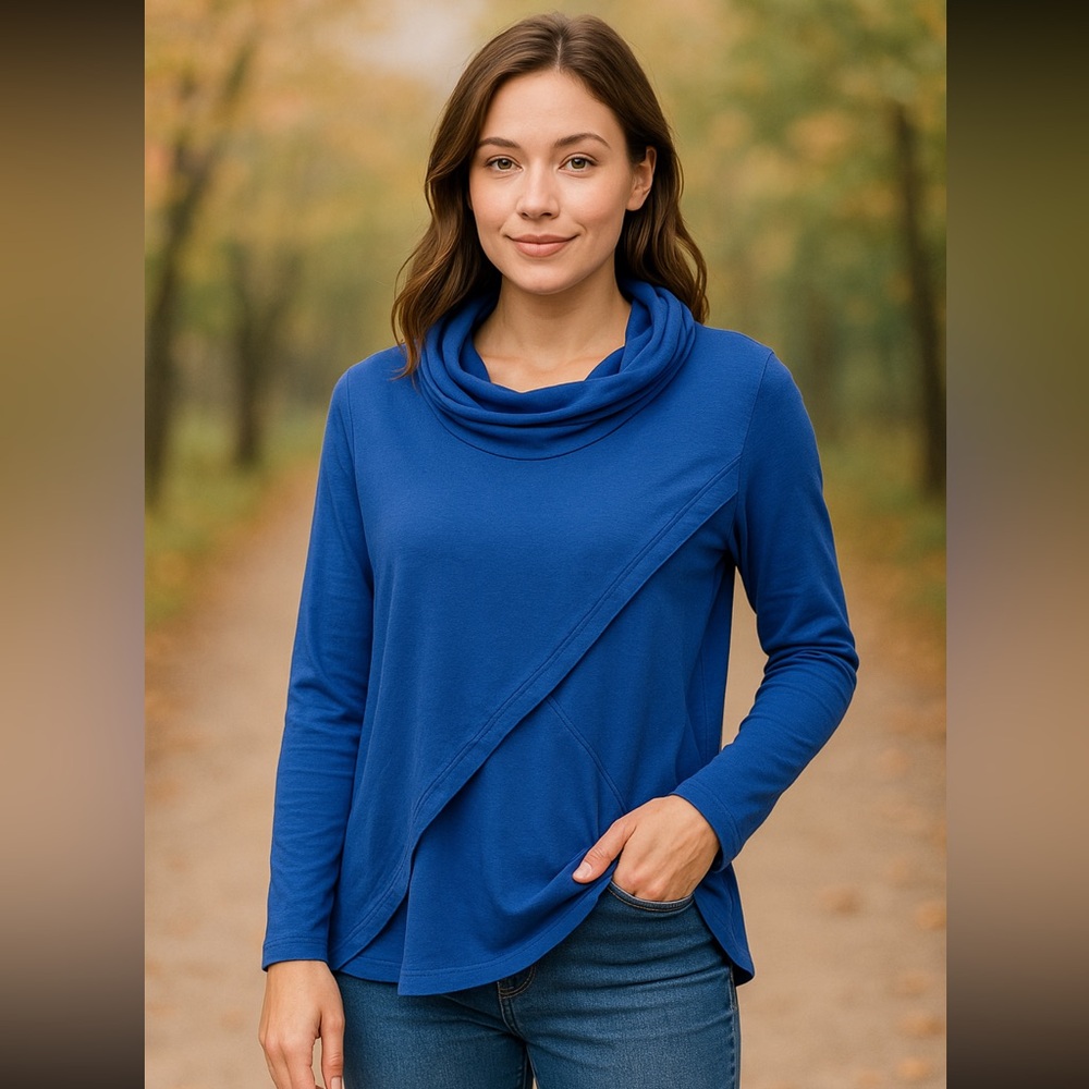 Tribal Blue Asymmetrical Front Long Sleeve Cowl Neck Top Women’s P/S